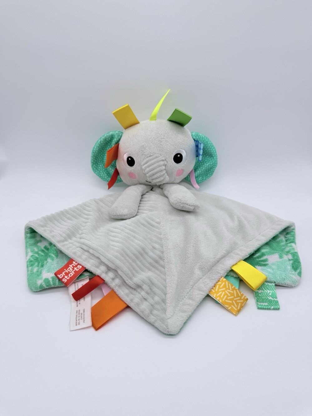 Bright Starts Elephant Lovey Blanket Sensory Tabs Baby Toy Gray Cute 13”